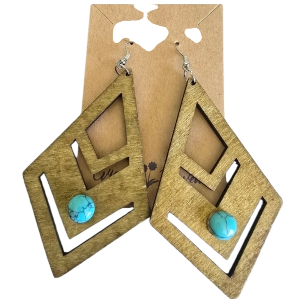 Brown Wood Turquoise Stone Diamond Shaped Dangle Earrings